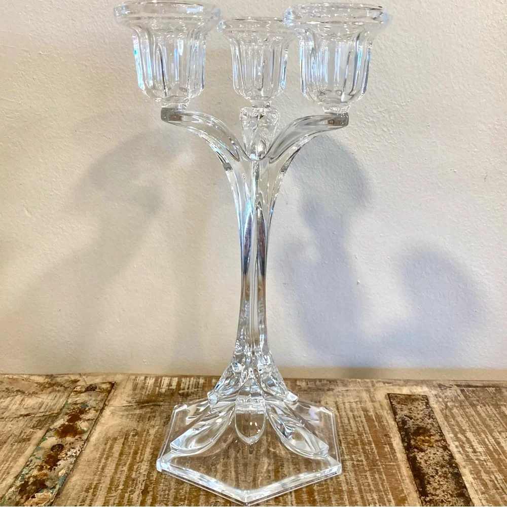 Crystal Candle Holder Candelabra 3-Light Candlestick Holder 10 3/4” Tall Clear